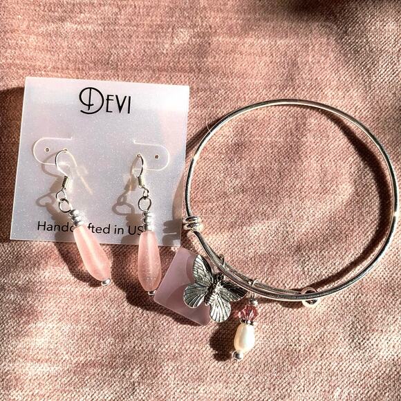 Bracelet & Earring Set Handmade, Pink Sea Glass, Butterfly Charm, Pearl, Crystal - Picture 1 of 10
